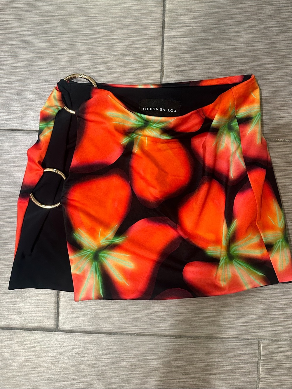 Louisa Ballou Orange Floral Mini Skirt with Gold Ring Detail